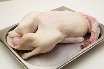 Rohe, küchenfertige Gans in einer Edelstahlschale