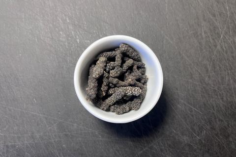 Schokoladenpfeffer mit länglichen dunklen Fruchtständen in einer weißen Schale